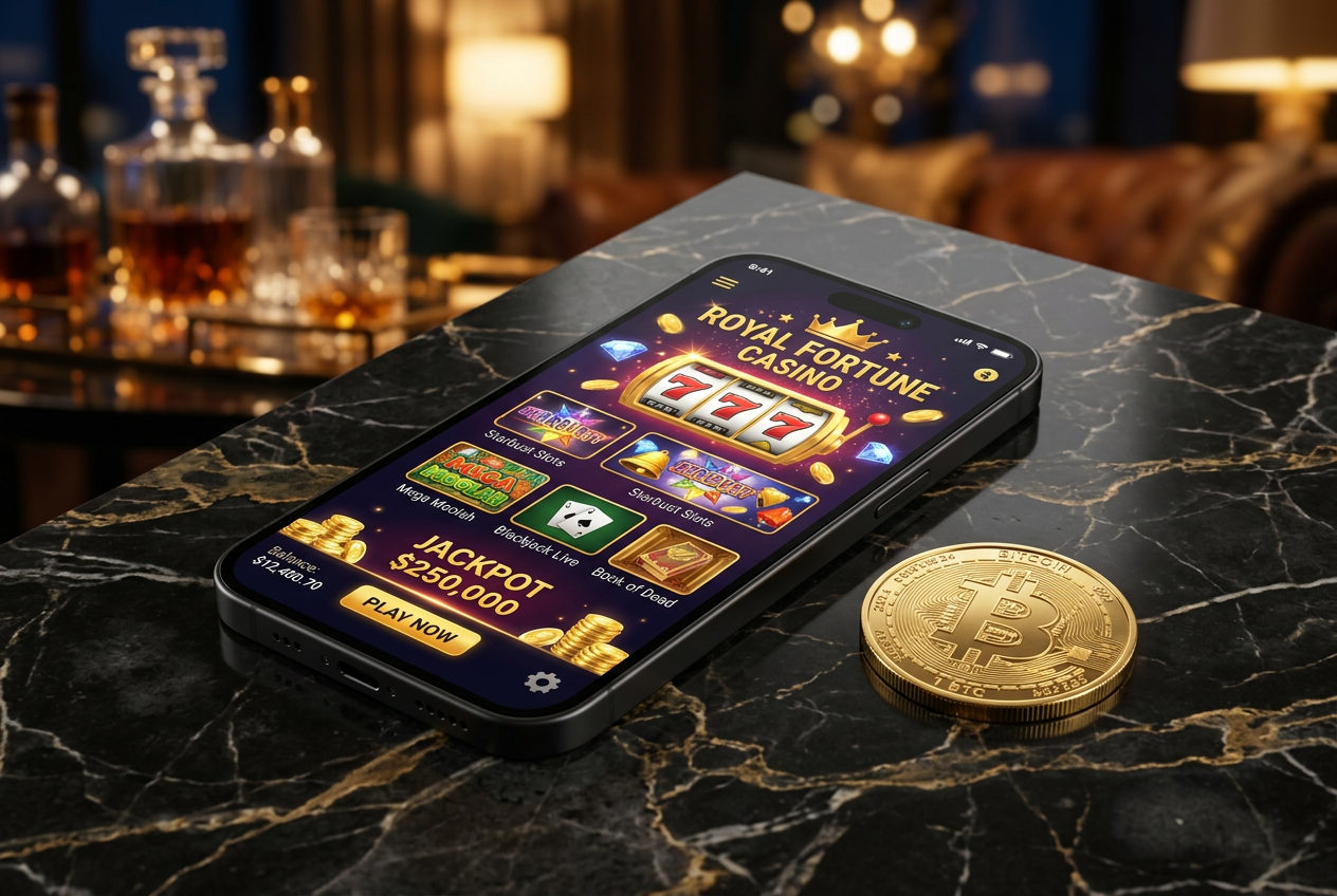 A luxury smartphone displaying an online casino interface next to a physical Bitcoin coin on a polished dark surface.