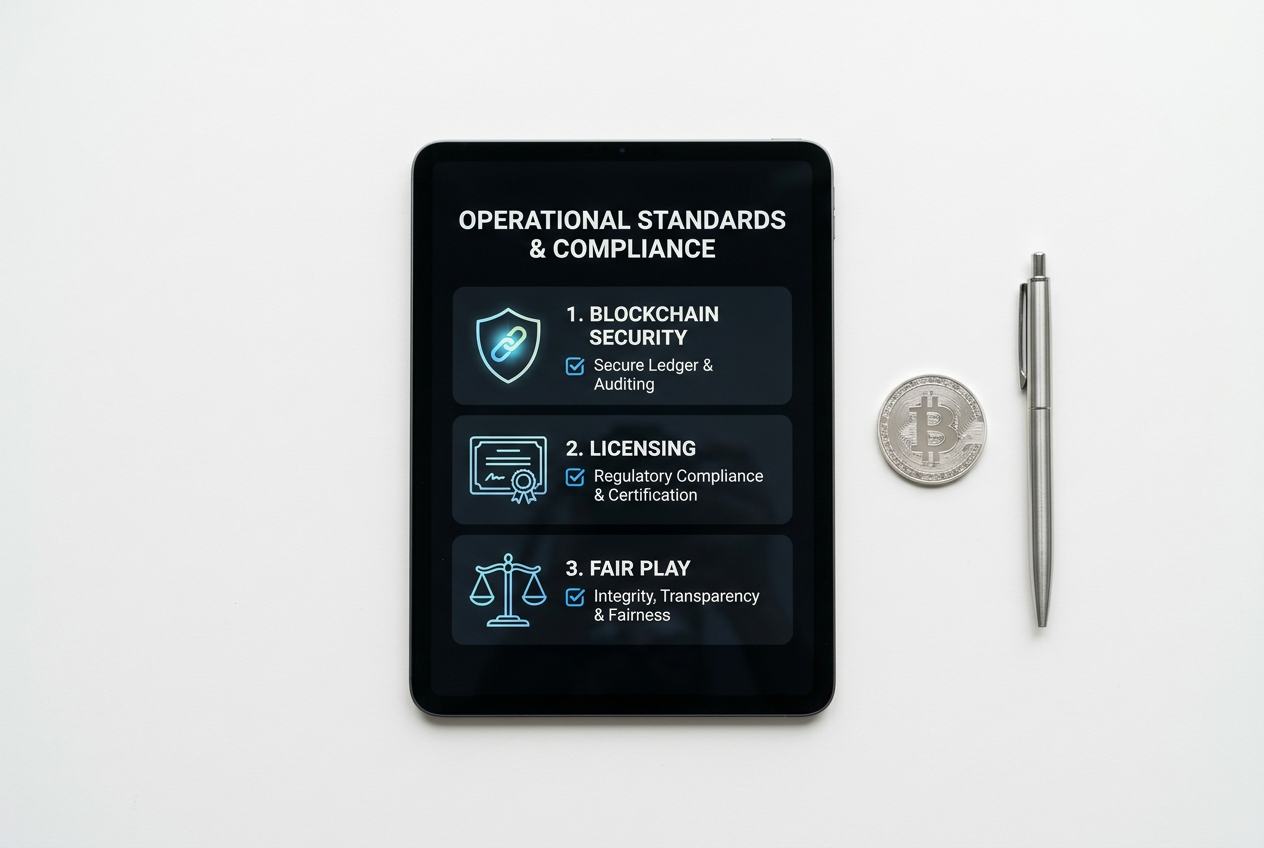 A tablet showing a security checklist next to a Bitcoin token and professional office equipment.