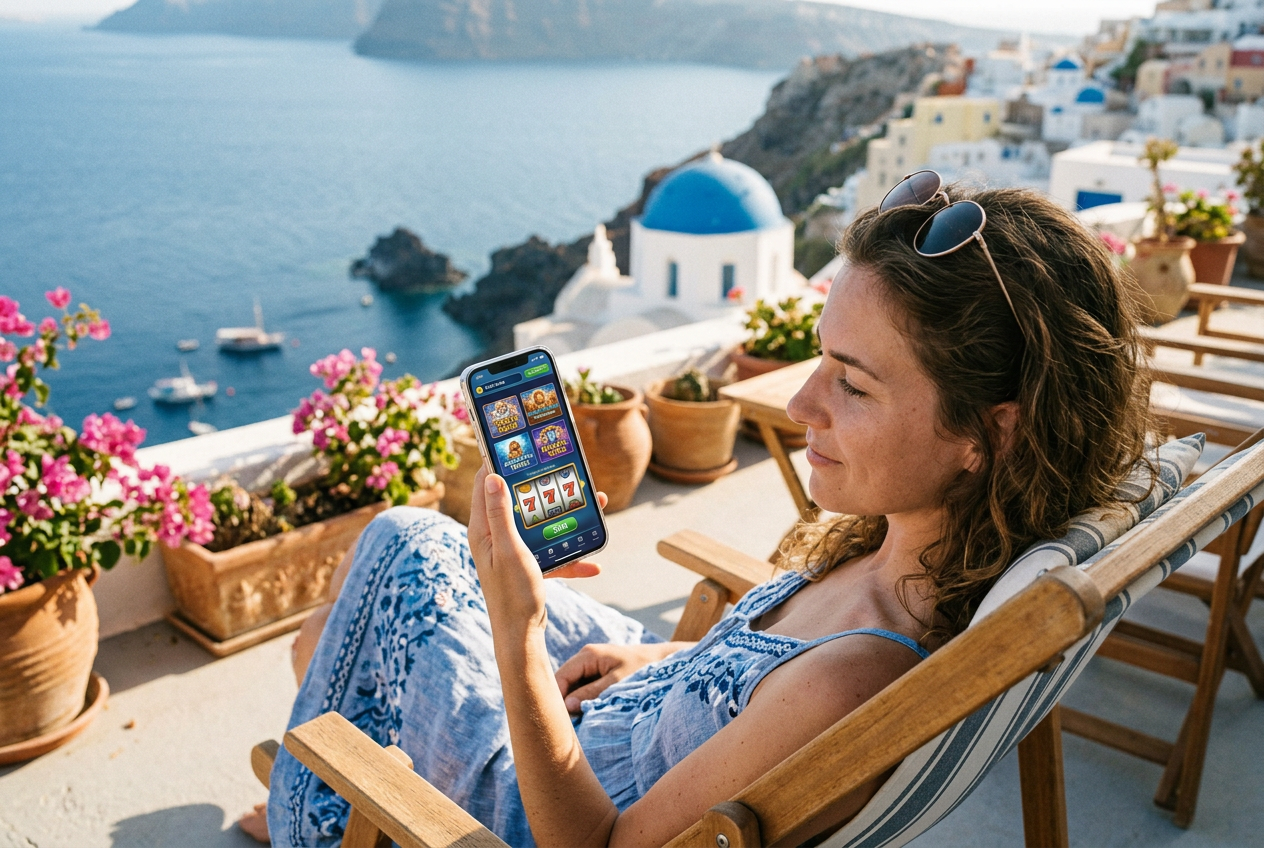 Ένας παίκτης χρησιμοποιεί το smartphone του για να παίξει καζίνο σε εξωτερικό χώρο στην Ελλάδα.