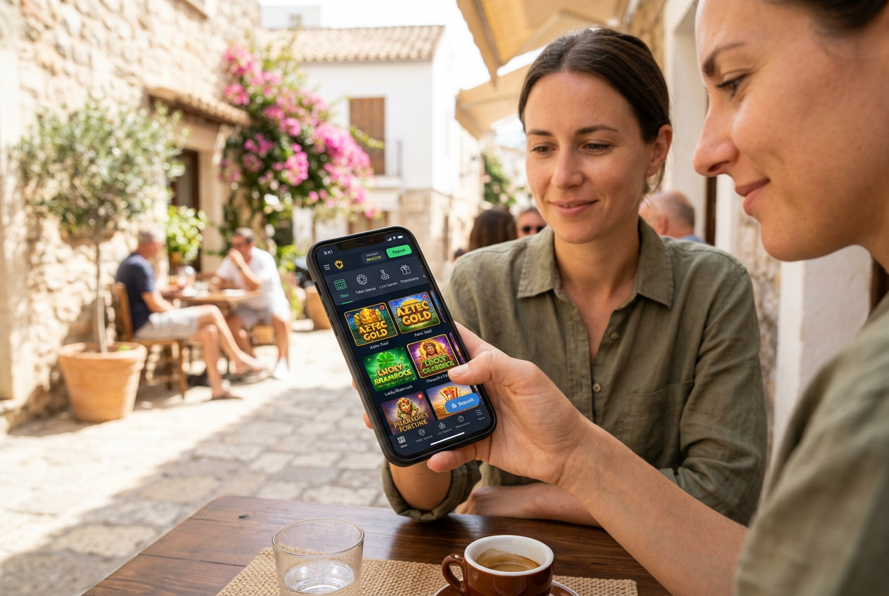 Χρήστης που περιηγείται σε online casino μέσω smartphone σε εξωτερικό χώρο